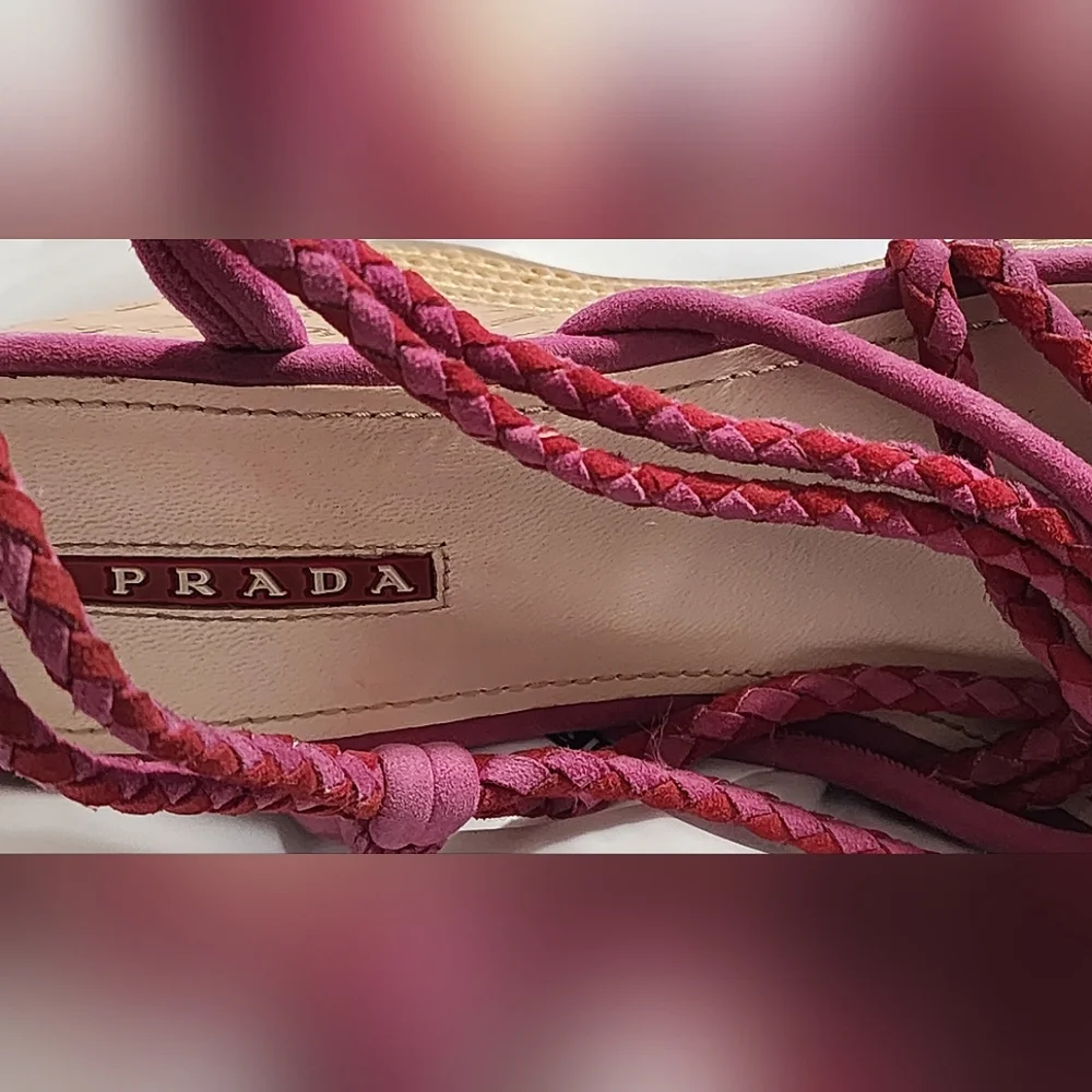 PRADA - Wedge sandals, pink, ankle strap, 4.25" heel, size 8 - Picture 8 of 16